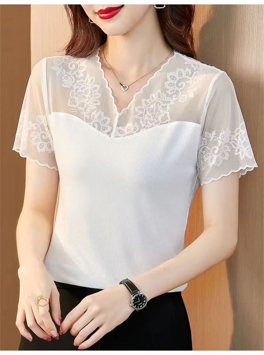 Women Summer Style Lace Blouses Shirts Lady Casual Short Sleeve Hollow-out Stand Collar Embroidery Lace Blusas Tops DF4910