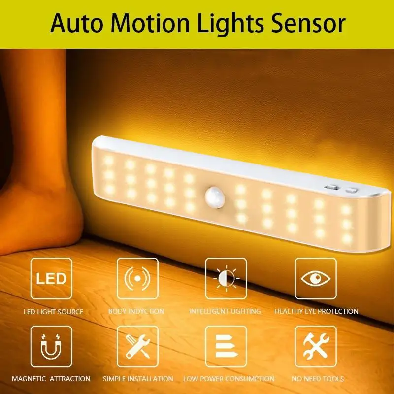 30 LEDs PIR LED Motion Sensor Light Cupboard Wardrobe Bed Lamp Under Cabinet Night Light For Closet Stairs Bedroom