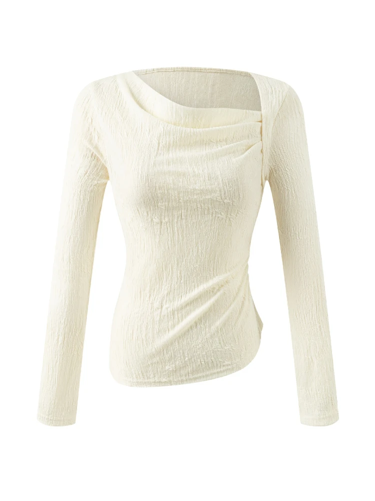 

Korobov American Elegant Temperament Skew Collar Long Sleeve Solid Patchwork Folds Slim T-Shirts