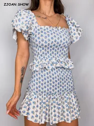 Top corto de manga acampanada con estampado de flores para mujer, minifalda con volantes de cintura alta, corsé fruncido elástico, blanco y azul, Sexy, 2 piezas, 1 Juego