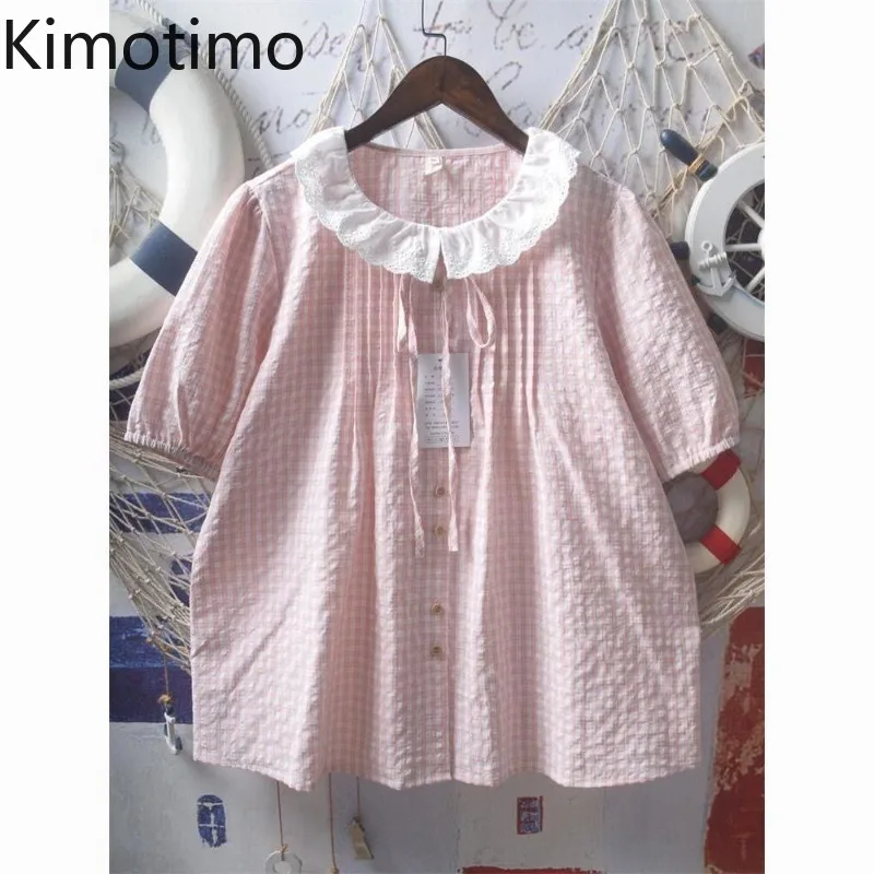 

Kimotimo Japanese Sweet Lace Peter Pan Collar Tied Bow Plaid Shirt Women 2025 Summer Loose Short Sleeve Blouse Casual Chic Tops