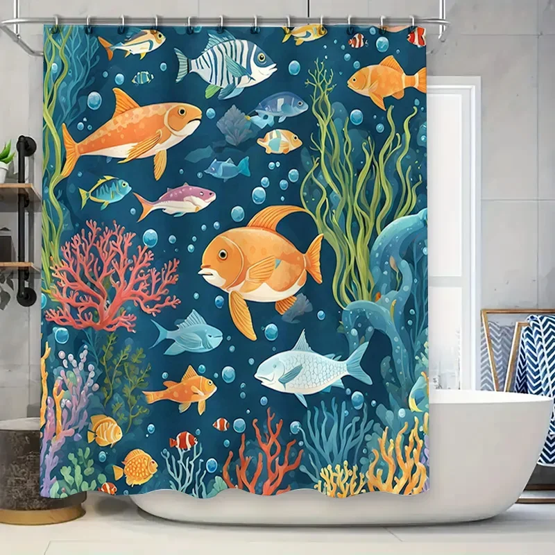 ستارة دش عالمية تحت الماء مطبوعة مرجانية على شكل سمكة نابضة بالحياة لديكور الحمام قماش مقاوم للماء مع حلقات بمقاسات مختلفة متوفرة #1