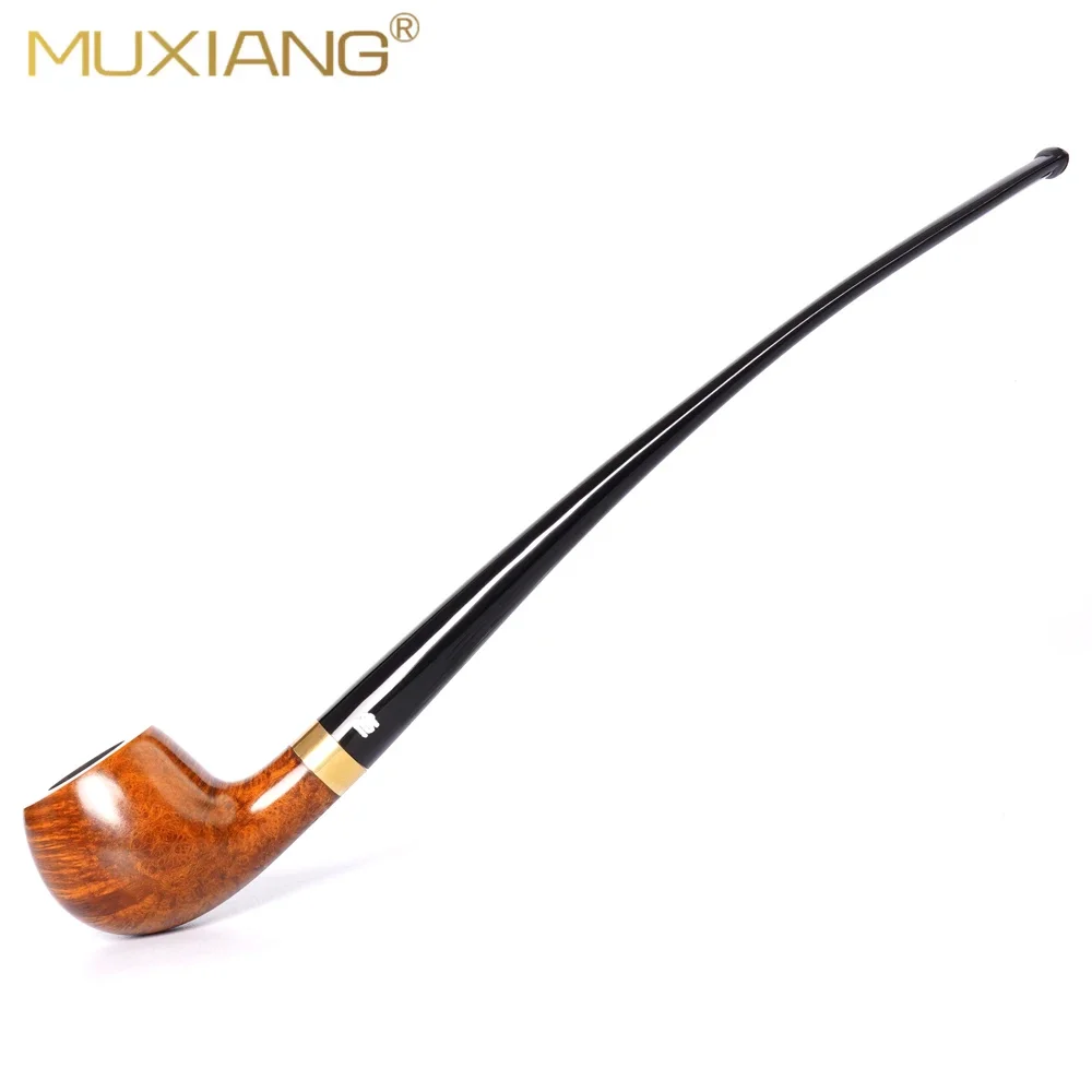 MUXIANG Handmade Briar Church Tobacco Pipe Long Curved Handle 9mm Filter Channel Acrylic Mouthpiece Father Day Gift