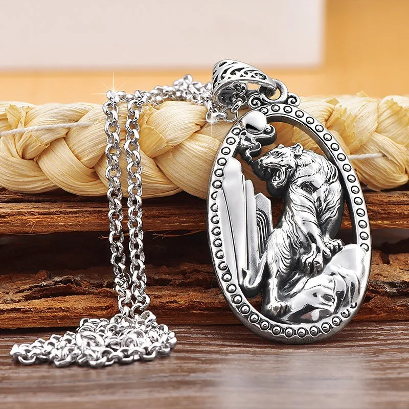 S999 Sterling Silver Tiger Pendant Bold Tiger Head Pure Silver Necklace Vintage Guardian Safety Amulet Men Jewelry Gift for Him