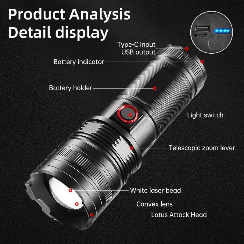 Potente linterna LED de largo alcance, lámpara de luz fuerte, linterna táctica, batería integrada, antorcha de carga tipo C