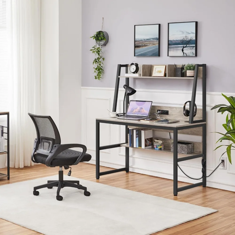 

Home Office 47 Inch Writing Desk with Power Outlets and 2 USB Charging Ports for Studying, Gaming Table Computer Desk with Hutch