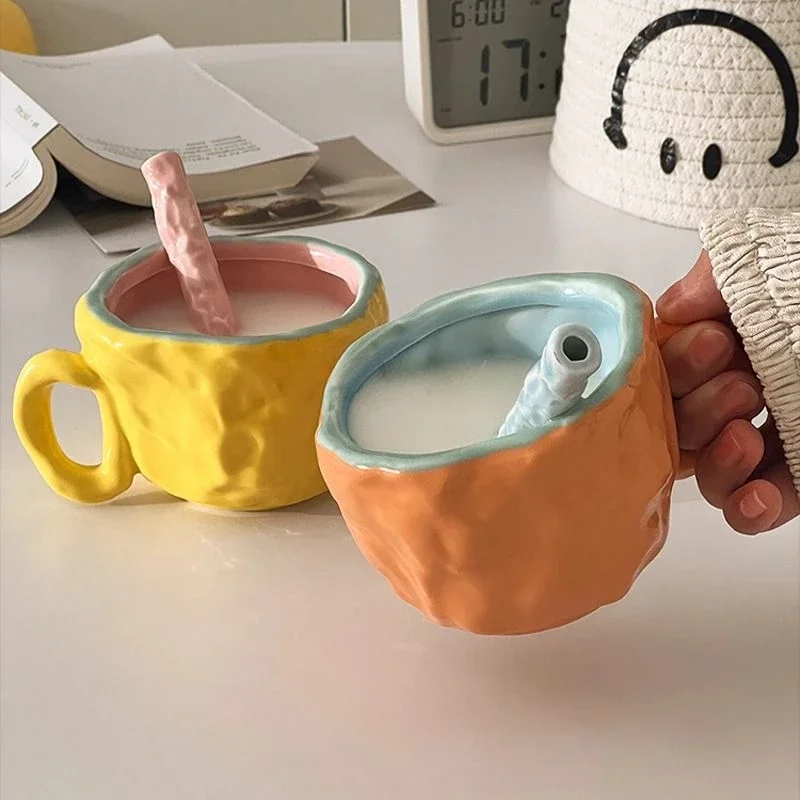 Straw Cup Connected Together,ceramic Water Mug,home Bizarre Feeling, Breakfast,mug, High-end Feeling,milk,coffee Cup,couple