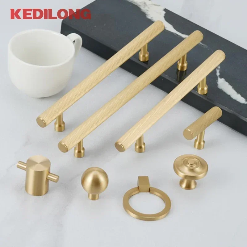 KEDLO European style solid brass striped long handle furniture hardware cabinets drawers cabinet doors pull rings  small knobs