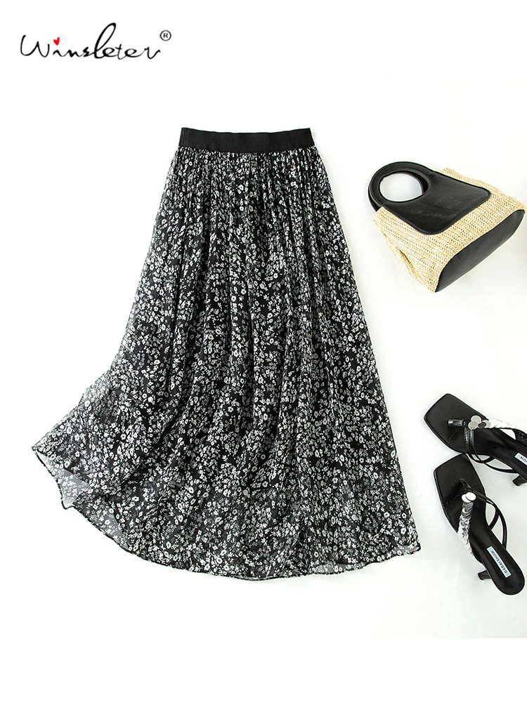 Winsleter-100%Silk Elegant Skirts, Elastic Waist Floral Printed, Women Temperament Party A-line Skirt, 2026 Summer New B65652CC