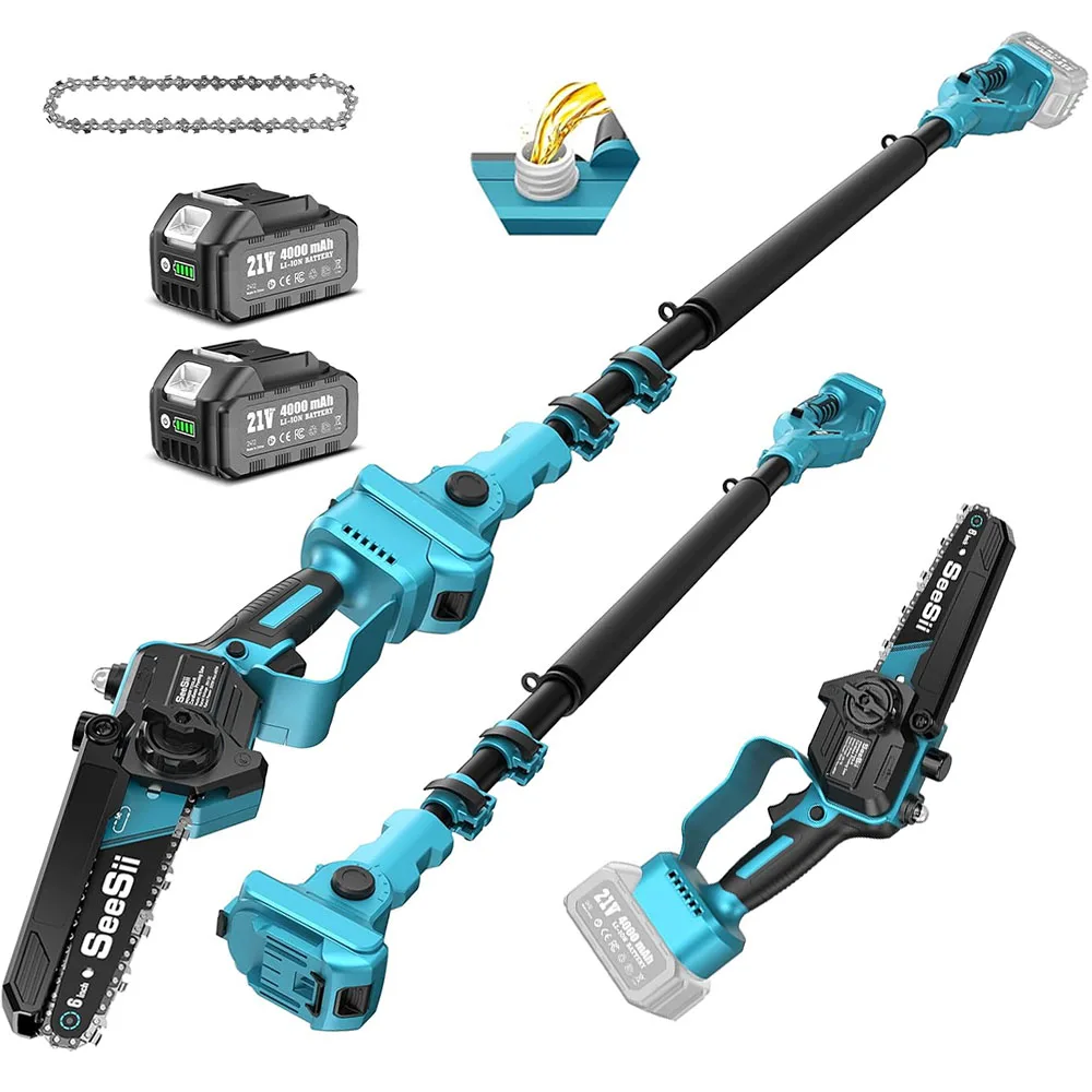 Scie à chaîne électrique sans balais Seesii de 6 pouces avec perche télescopique de 2,5 m, scie à branches hautes, outil d'élagage de jardin pour batterie Makita 18V