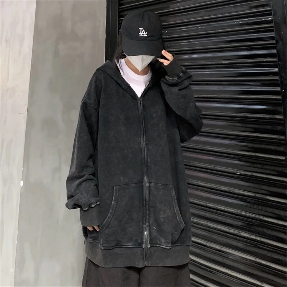 Black Solid Vintage Jacket Casual Cool Sweatshirt Streetwear Autumn Zip Up Ulzzang Punk Tops Male Hip Hop Oversized Tops Men