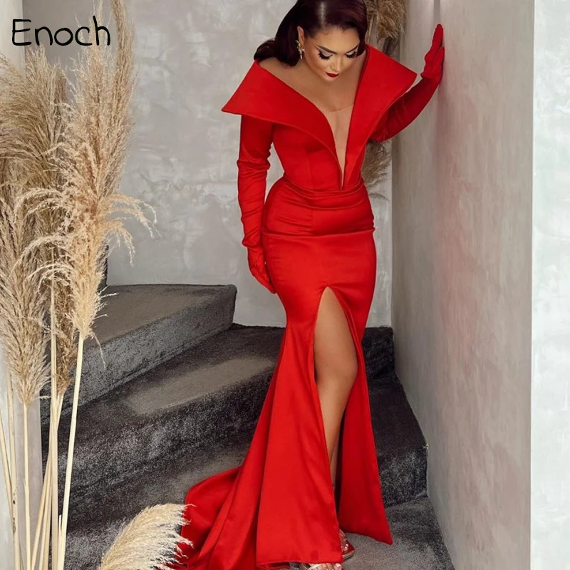 ENOCH-Robe de Rhsirène simple, sexy, fendue sur le côté, décolleté en V profond, manches longues, robe de soirée, sur mesure, longueur au sol, robe éducative