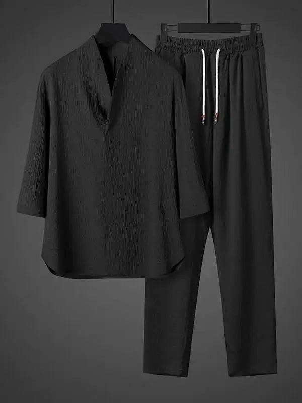 Conjunto de Verão em Seda Gelada Fina: Cseta Casual de Manga Solta e Calça Crida Leve e Respirável para Jovens Homens