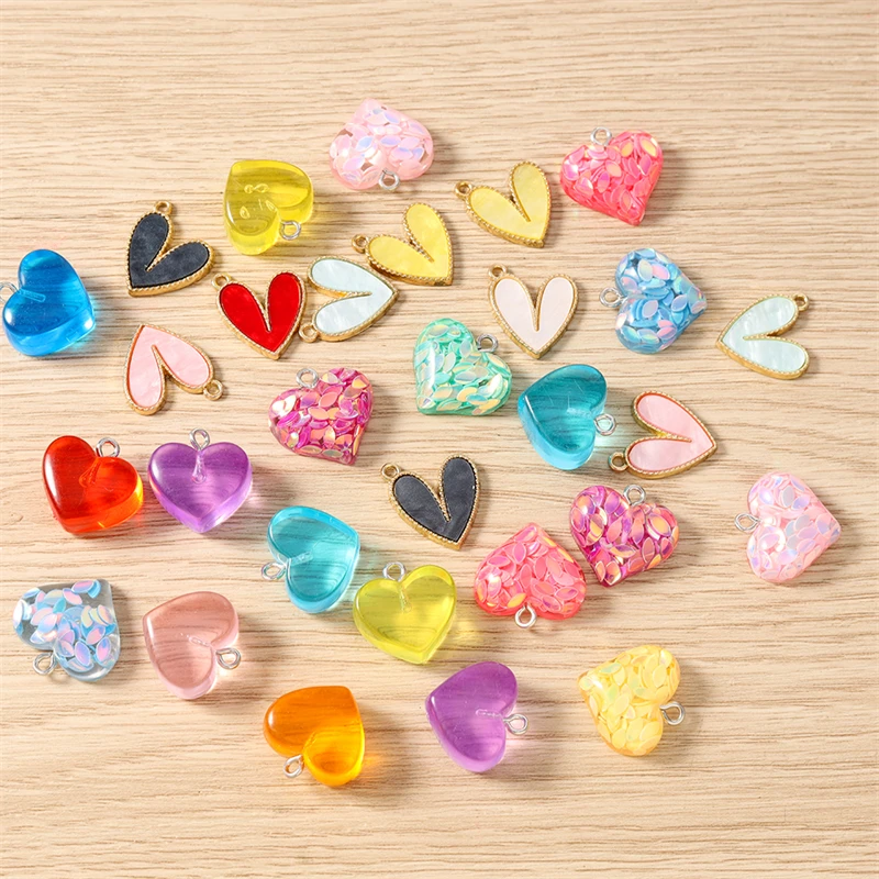 10 Stück niedliche, bunte Liebesherz-Anhänger aus Kunstharz für die Herstellung von Halsketten, Ohrringen, Armbändern, DIY-Bastelarbeiten, Schmuckzubehör – Detail 1