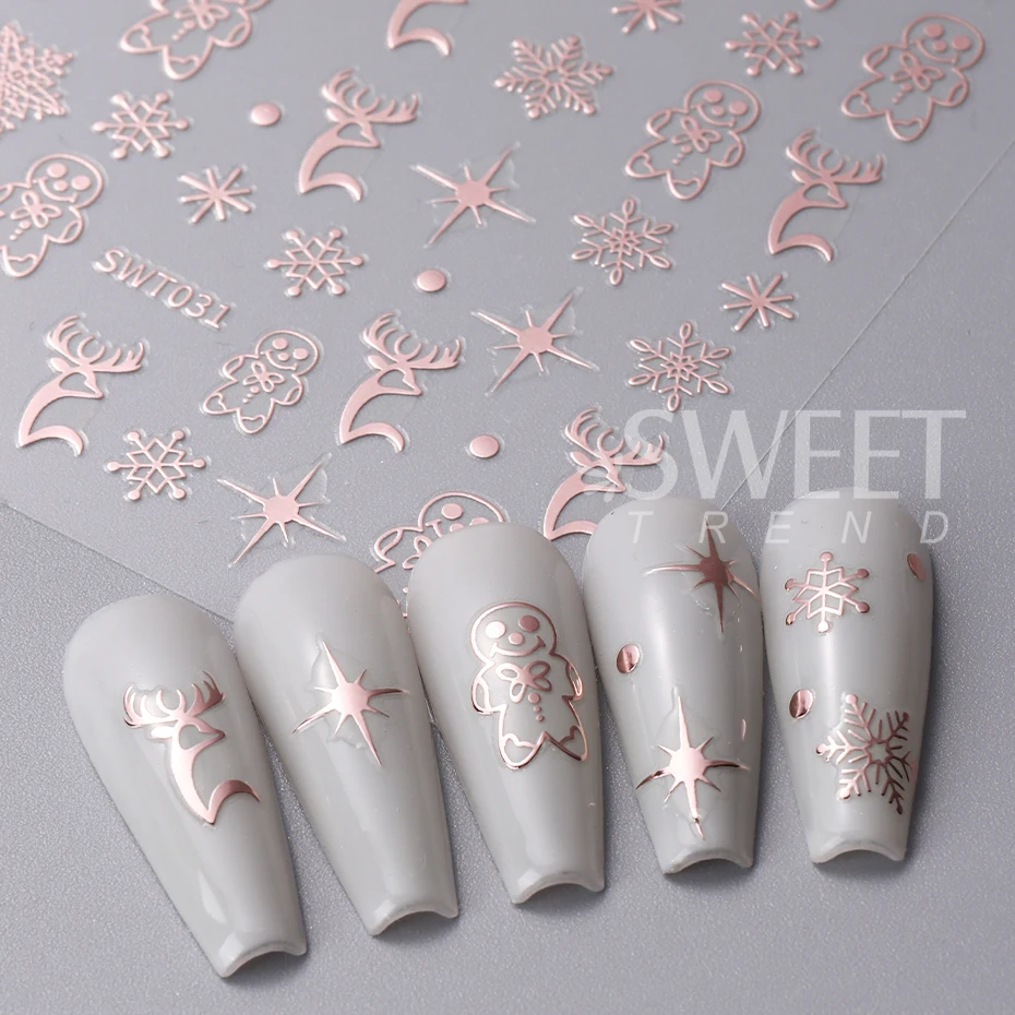 3pcs Kerst Nagelstickers Rose Goud Zilver Sneeuwvlokken Rendier Peperkoek zelfklevende Decals Manicure Decoratie Slider