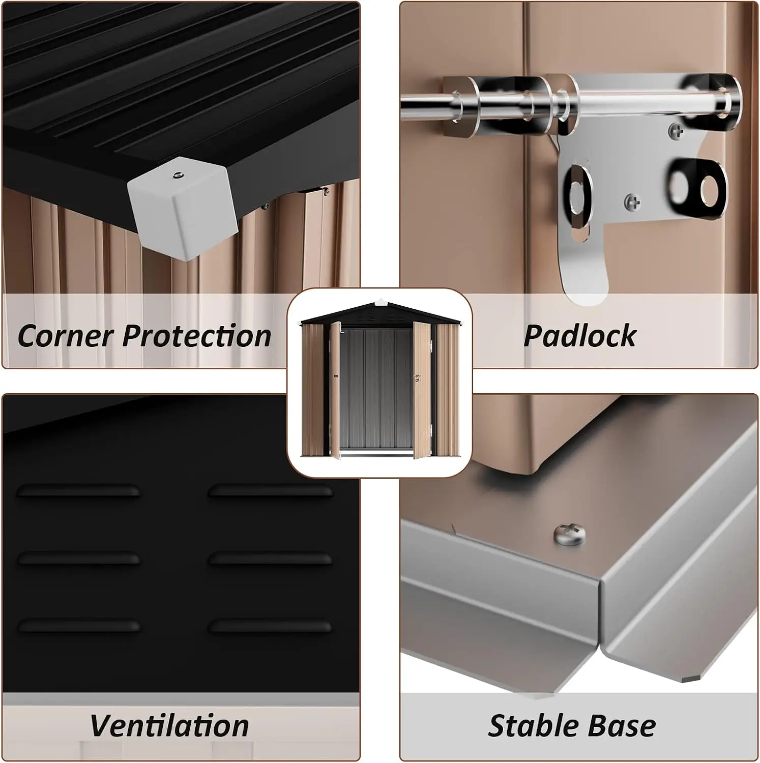 Cobertizo de almacenamiento para exteriores de 8x6 pies, edificio de almacenamiento impermeable, cobertizo de herramientas resistente para jardín/patio trasero, marrón