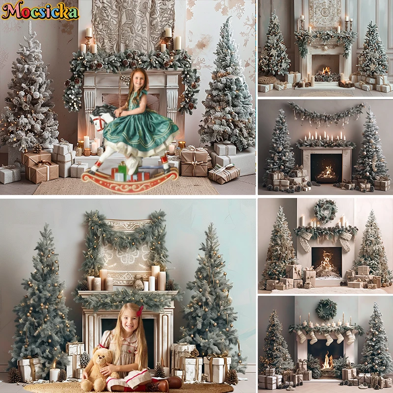 

Mocsicka Christmas Fireplace Backdrop Kids Adult Photography Props Child Baby Photocall Wreath Xmas Trees Living Room Background