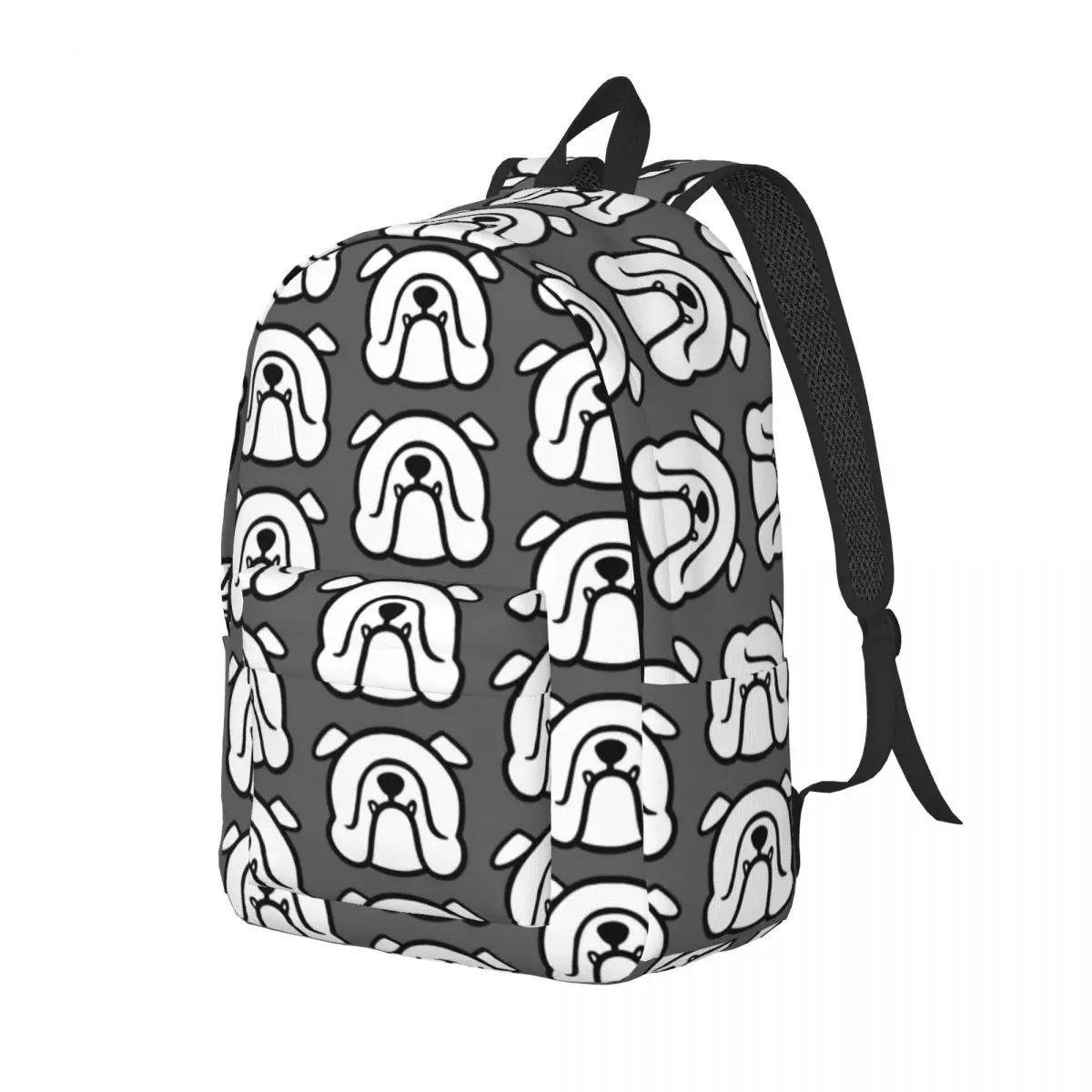 English Bulldog Face Silhouette Breed Bias White On Gray Dog Backpack Elementary High College School Student Bookbag Daypack