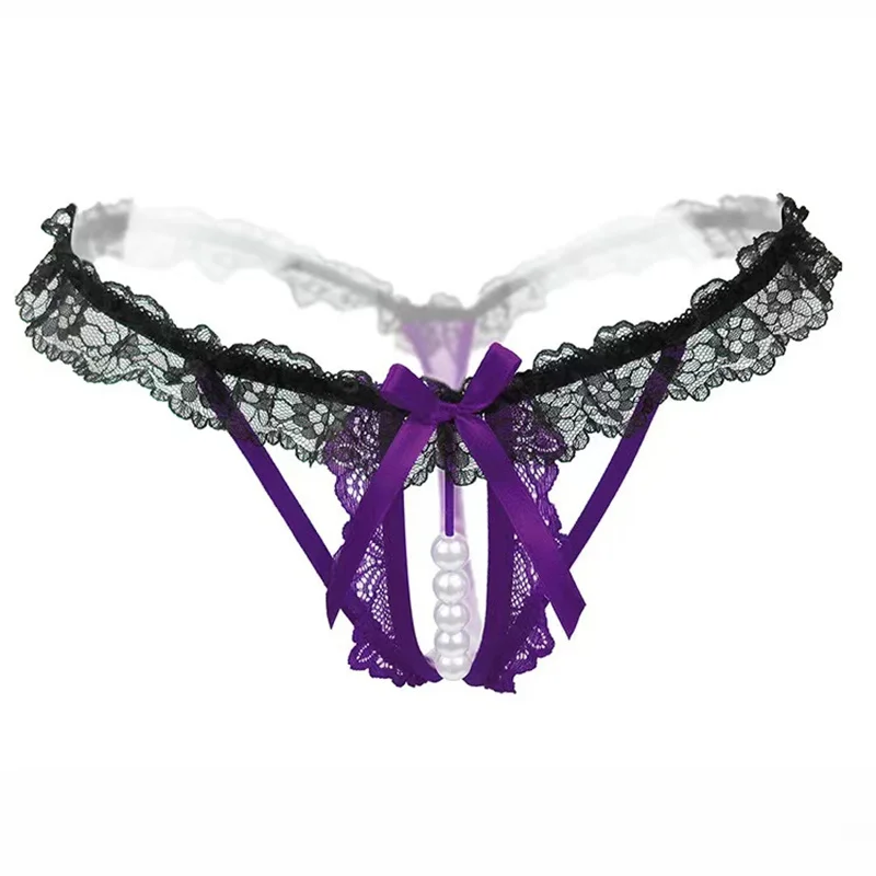 Women's panties Women's Sexy Lace G-String T-back Thong Underwear with Back Bow Transparent Lingerie Pearled Design Women's
