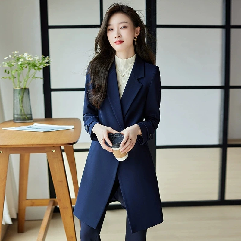 New Autumn Winter Women Formal Blazer Ladies Long Sleeve Double Breasted Jacket Coat Female Mid Long Windbreakers Outerwear Tops