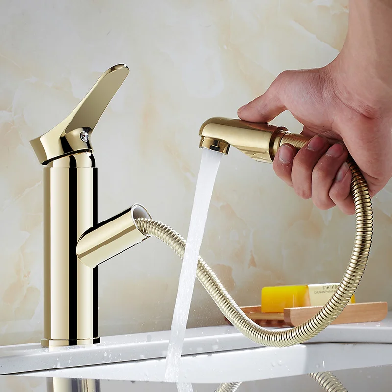 Copper Main Body Pull-out Hot and Cold Golden Antique Table Wash Basin Telescopic Faucet