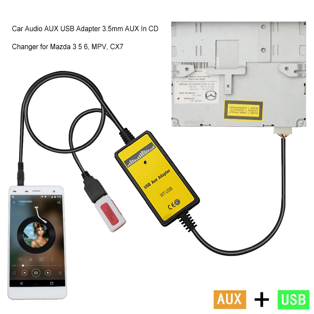 

Автомобильный аудиоадаптер AUX USB 3,5 мм для CD-чейнджеров, MP3, MP4, вспомогательный кабель для передачи данных