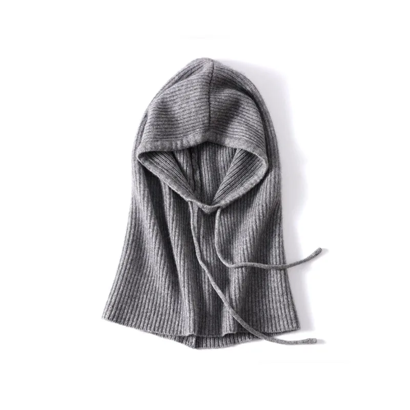Autumn&Winter Women'S One-Piece Drawstring Knitted Hat Warm Outdoor Ear Protection Cold Proof Wool Pullover Balaclava Hat