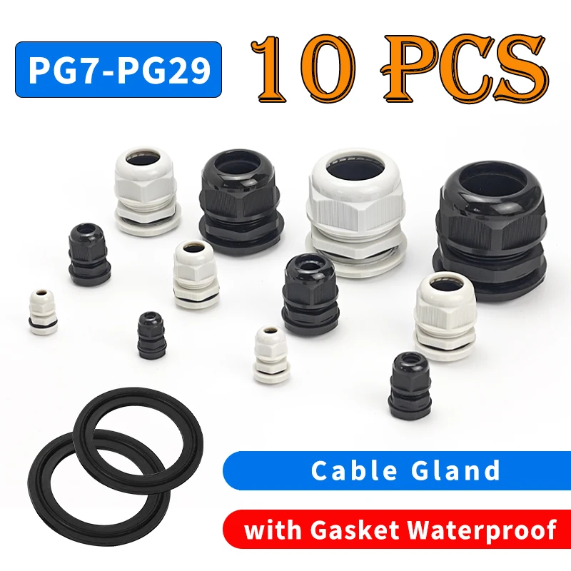 10PCS PG7 PG9 PG11 Waterproof Cable Gland White Black Gland Nylon Joints with Gasket PG13.5/16/19/21/25/29