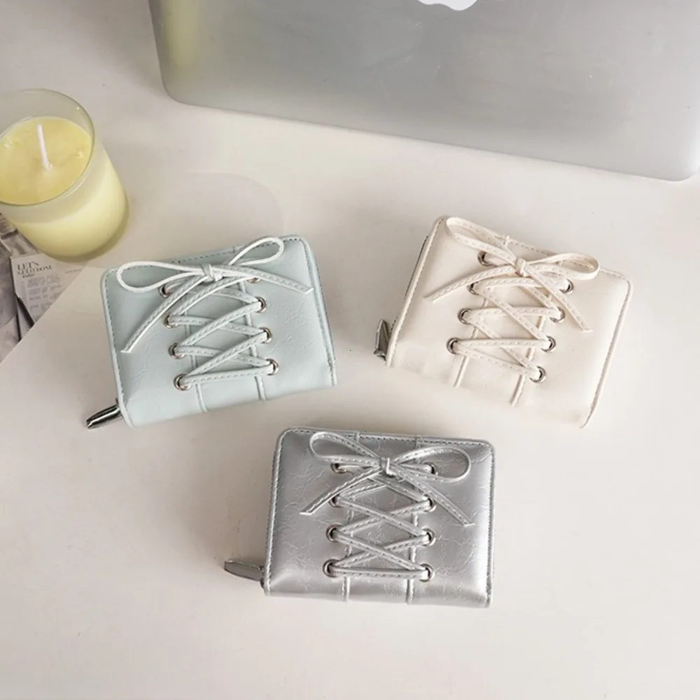Cartera con lazo de estilo coreano Simple, bolso de mano corto ultrafino para tarjetas, tarjetero de cuero PU con cremallera multifunción, monedero de viaje