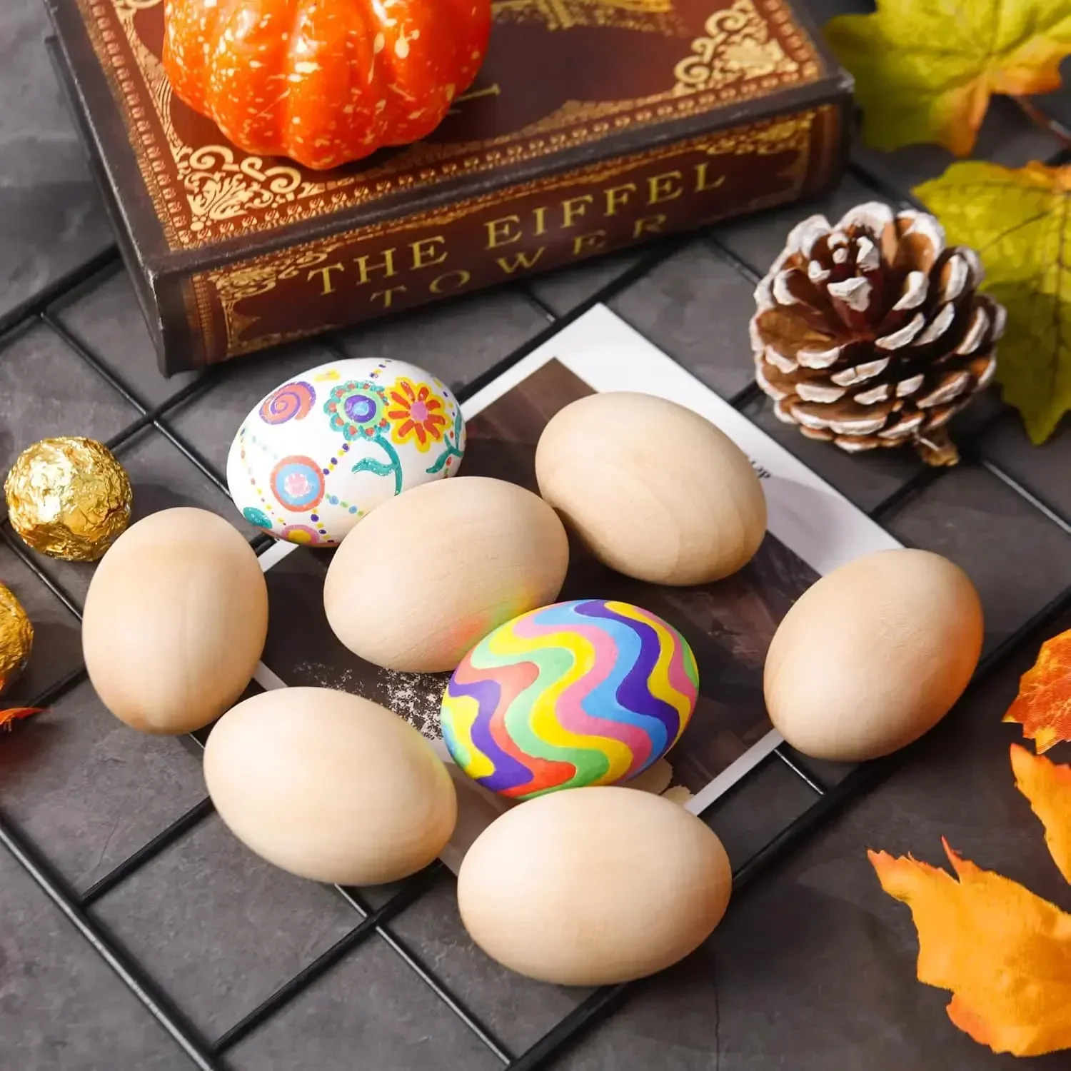 Wooden Simulated Egg Creative DIY Graffiti Painted Wooden Easter Eggs Realistic Easter Ornament For Holiday Home Decoration