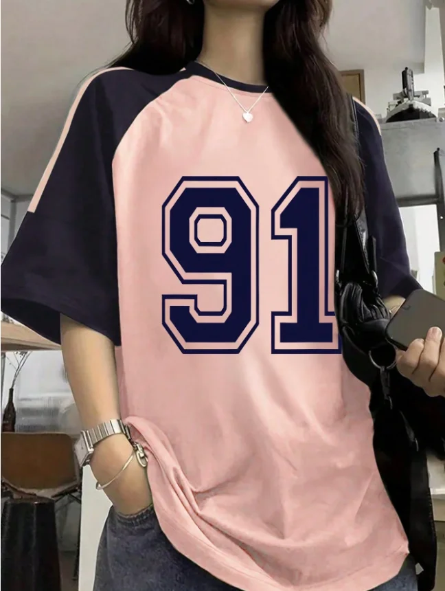 Buchstaben Nr. 91 Digitaldruck Frau T-Shirt Mädchen Aily Top Weibliche Kreativität Farbblock O-Ausschnitt T-Shirt Übergroße Freizeitkleidung