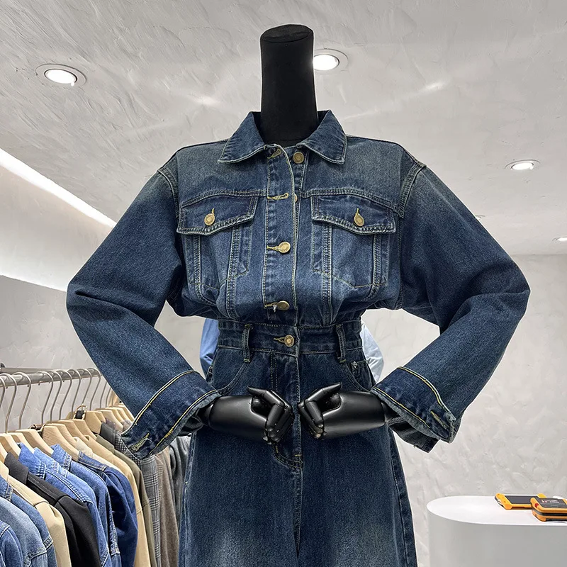 Retro collection waist jumpsuit women's spring and autumn 2024 new high waisted wide leg jumpsuit jeans with polo collar design