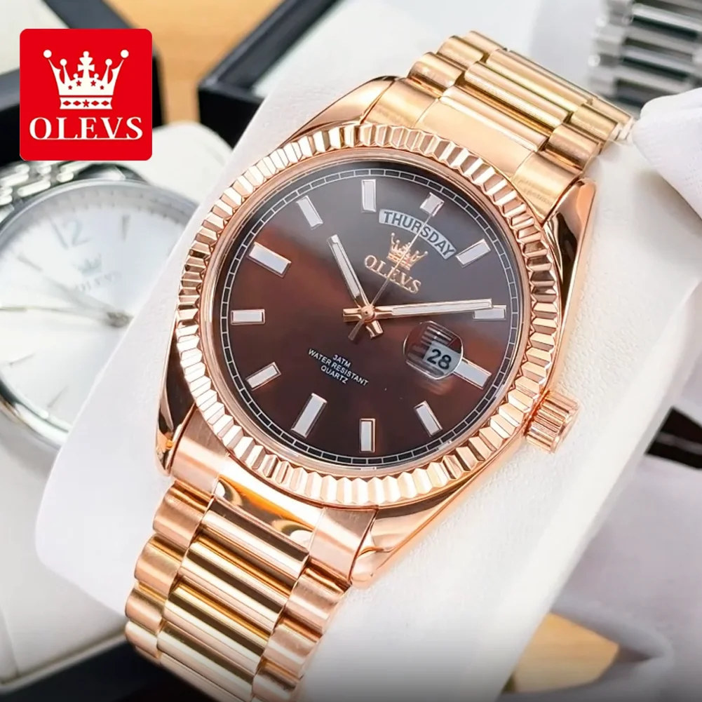 OLEVS Men's Watch Luxury Original Solid Stainless Steel Strap Fashion Personality Date Week Display Quartz Watches for Man 5650
