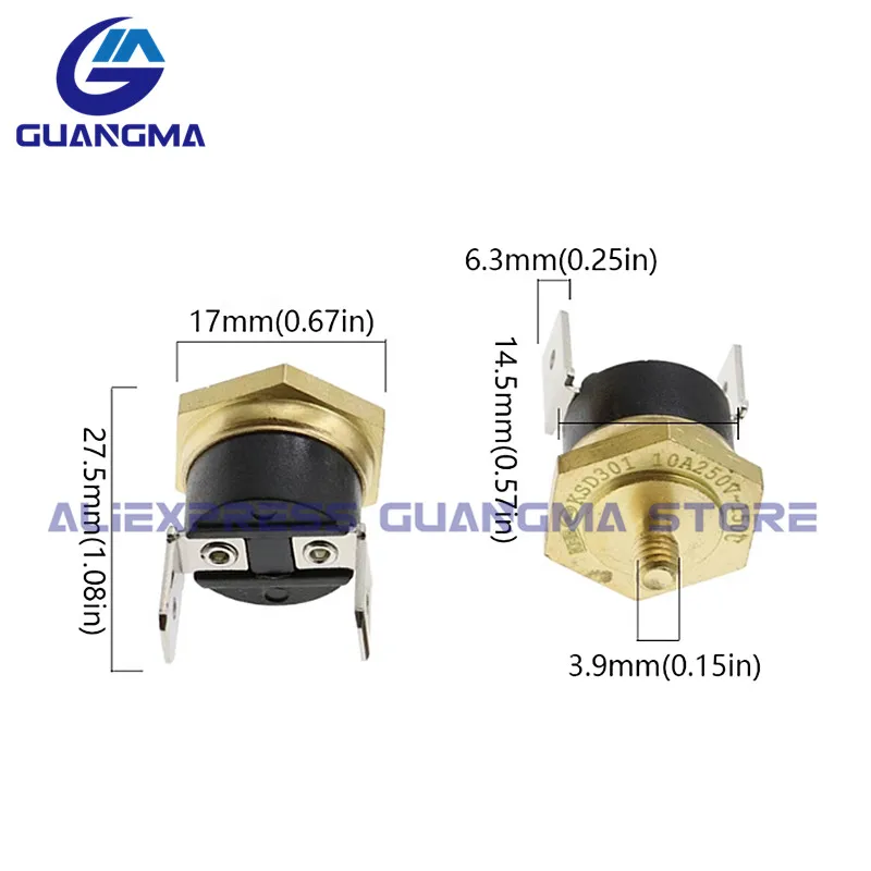 1 szt. Termostat miedziany KSD-301 M4 bimetaliczny 40C-150C stopień 10A 250V normalnie zamknięty 40C 45C 55C 65C 75C 90C 130C 150C