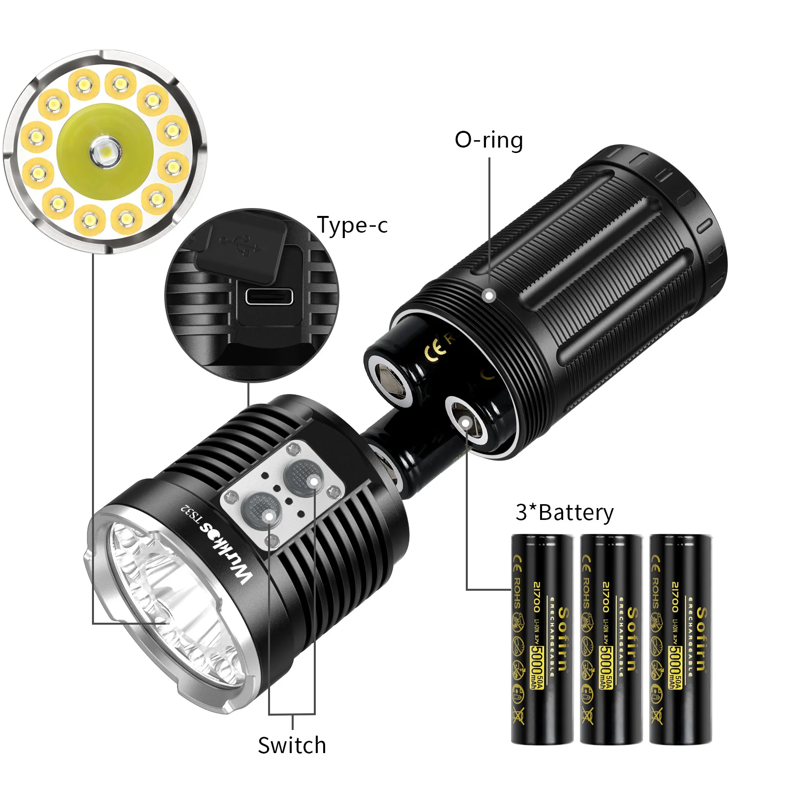 YYHCOutdoor Powerful 15000lm Waterproof  3* 21700 LED Torch High Quality Tactical Light USB C Rechargeable LED Flashlight