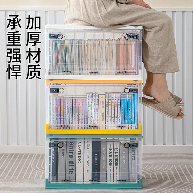 Transparent Storage Box Three-door Student Dormitory Classroom Organization Foldable Book Box with Wheels