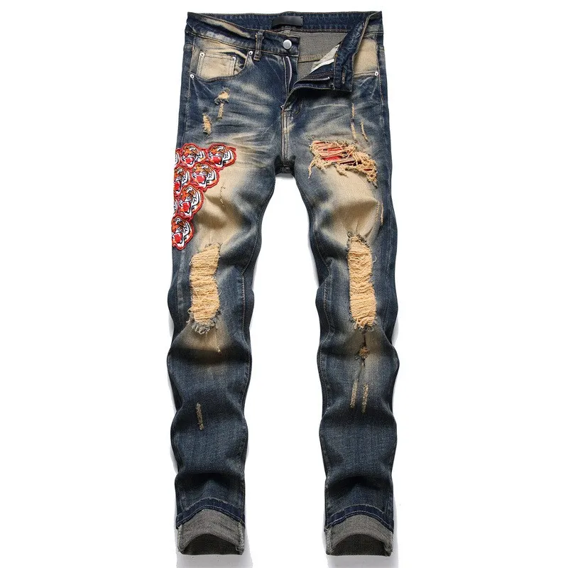 

Retro Blue Distressed Embroidered Tiger Head Elastic t Men's Jeans Street Motorcycle Style Casual Slim Fit Jeans Denim Pants