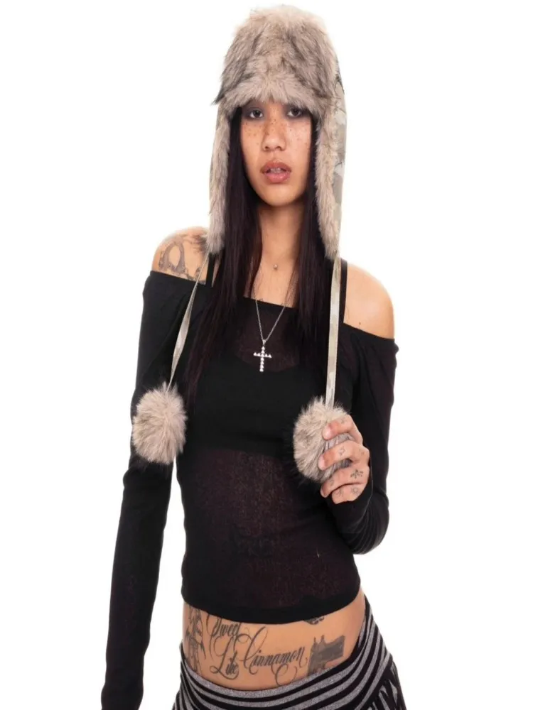Y2k Camouflage Skull Graphic Print gothic Aesthetic rock subculture warm and plush fashionable Bomber hat ear protection hat emo