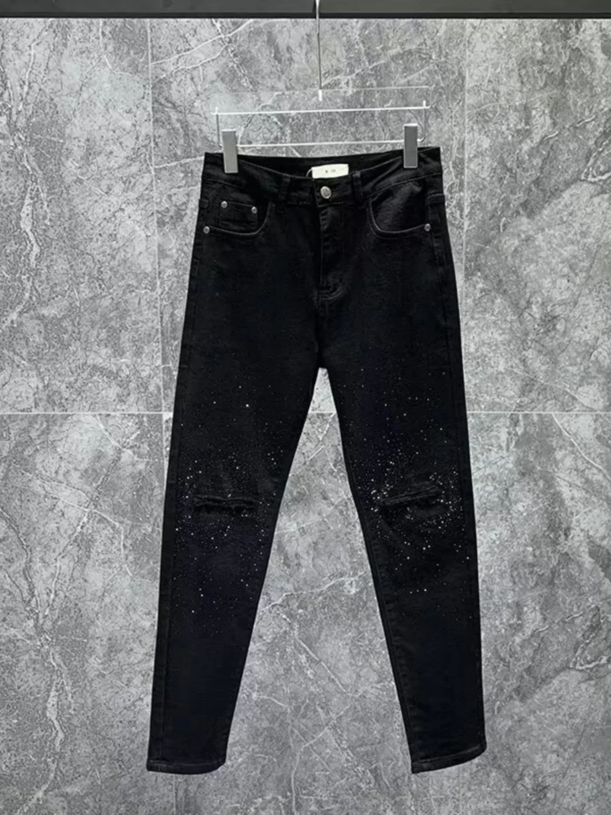 

Мужские джинсы Premium Starry Night с имитацией дырок и стразами, американский модный бренд, универсальные, укороченные, облегающие, в стиле High Street