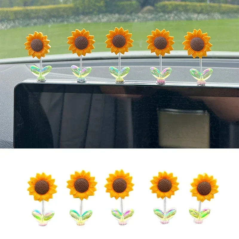 Niedliches Sonnenblumen-Auto-Dekor-Set aus Kunstharz, Armaturenbrett, Fensterkante, Zubehör für den Innenraum des Fahrzeug, Armaturenbrett-Dekoration, Innenzubehör