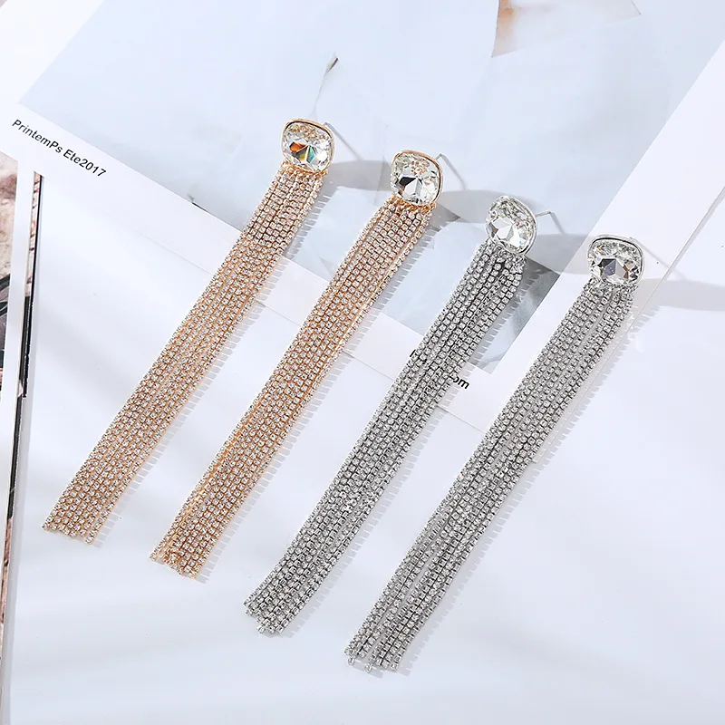 Korean new silver needle super flash glass diamond earrings female long tassel temperament niche light luxury stud earrings whol