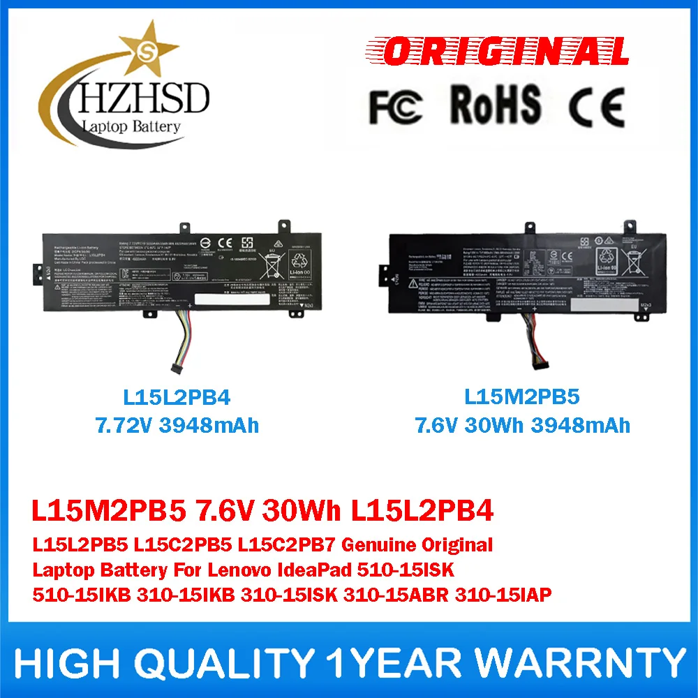 

L15M2PB5 7.6V 30Wh L15L2PB4 7.72V 3948mAh L15L2PB5 L15C2PB5 L15C2PB7 Genuine Original Laptop Battery For Lenovo IdeaPad510-15ISK