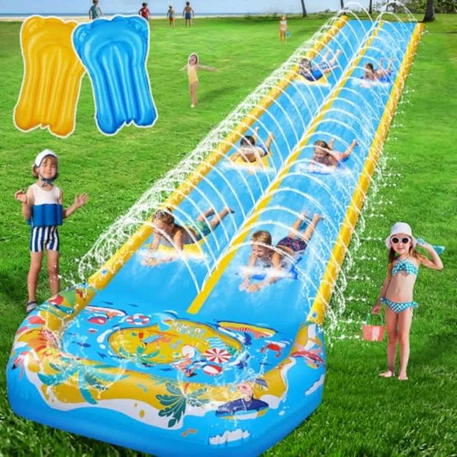 

Backyard outdoor party water slide for kids and adults: heavy-duty inflatable double slip and water slide with 2 bodyboards blu