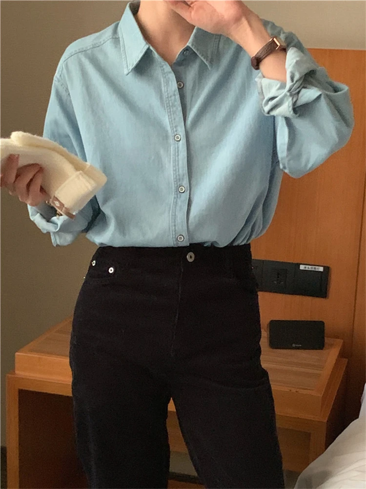 BL9820 New 2023 Korean Fashion Denim Office Lady Female Oversized Wild Women Blouses Shirts Spring Vintage Elegant Lady Tops