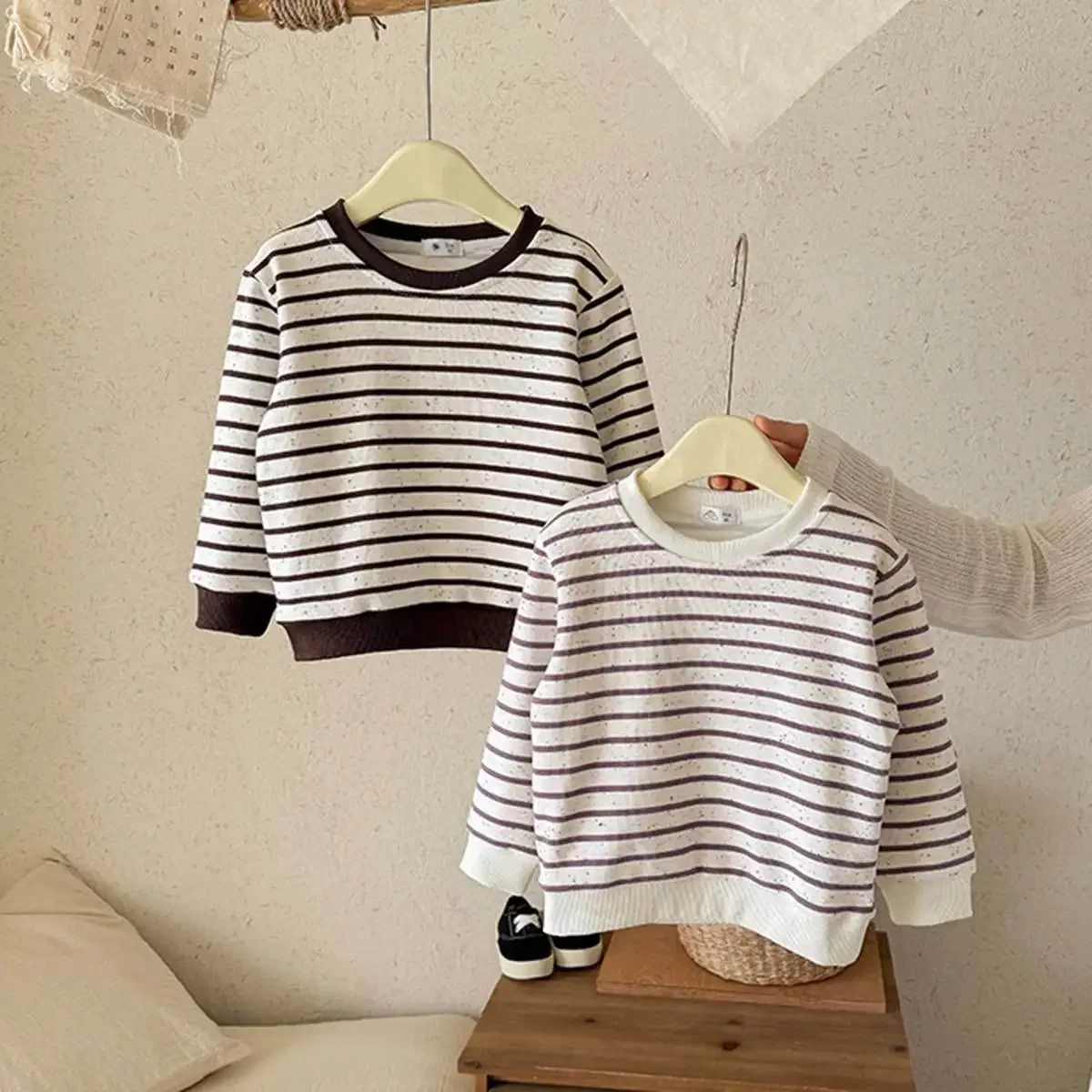 Toddler Kids Striped Long Sleeve Sweatshirt Crew Neck Color Cuff Loose Pullover Tops Boys Girls Casual Autumn Basic Shirts