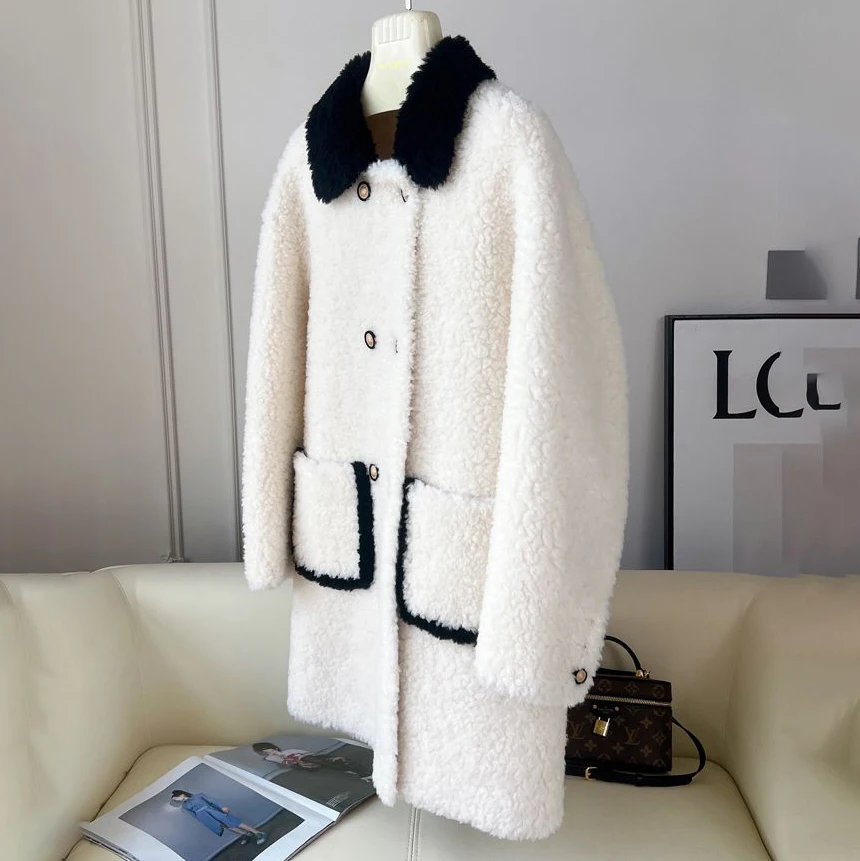 Kontrastfarbene Lammwolljacke für Damen, Mantel, Herbst und Winter 2026, neues Fell, einteilig, schlankmachend, warm, mittellang, dicke Pelzjacke