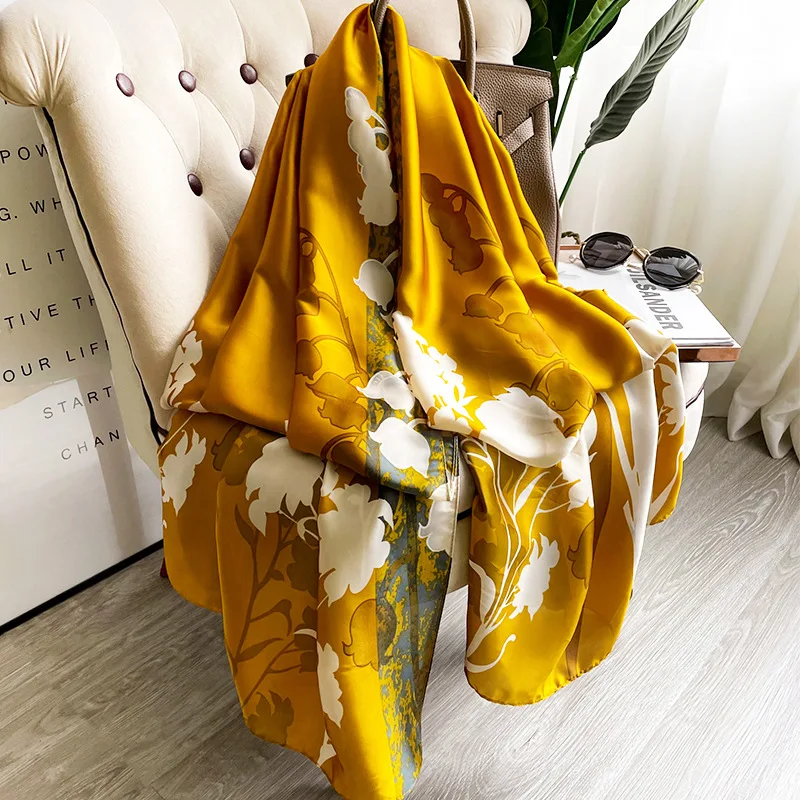 Elegant Large Long Headband Yellow Floral Silk Scarf Women Shawls Wraps Foulard Hijab Bufanda Female Beach Stoles Scarves image 2