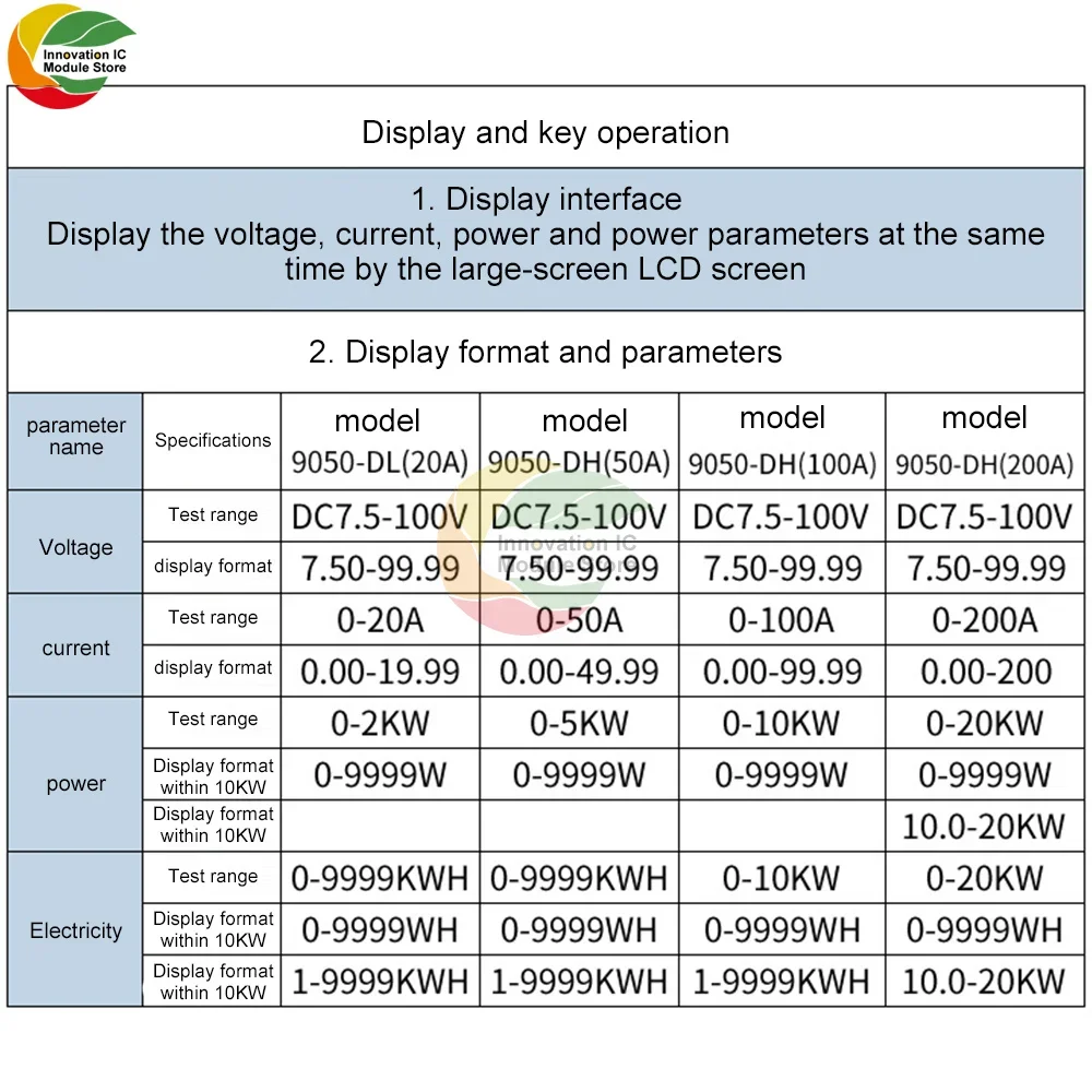 9050-4D, DC8-100V 20A 50A 100A 200A 4 in 1 LCD DC Digital Display Power Meter Voltage Ammeter Power Tester Digital Meter Module