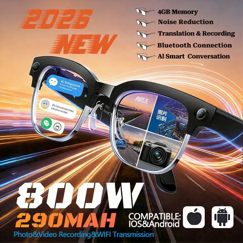 

Умные очки с камерой 800W, технология 2026 года, запись видео, распознавание фото с ИИ, звонки по Bluetooth, голосовой перевод, солнцезащитные очки