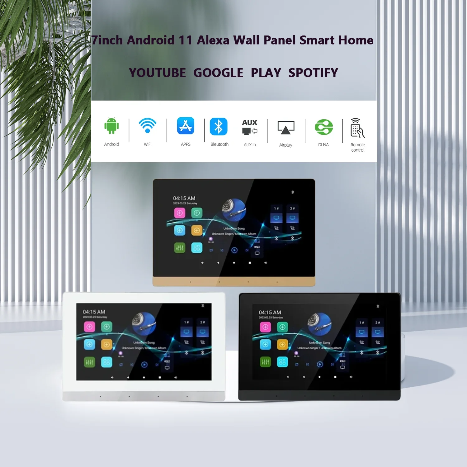 Panneau d'amplificateur mural Bluetooth, 7 pouces, Android 11, IPS, WiFi, carte SD, mini USB, vidéo en ligne, musique audio, YOUTUpunGOOGLE PLAY SPOTIFY